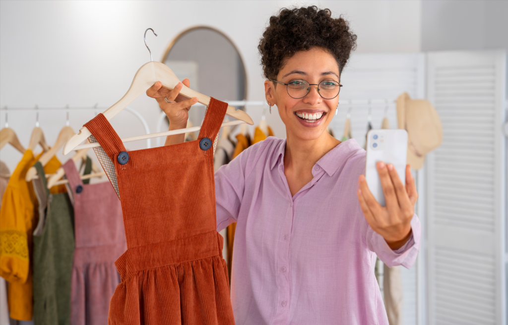 Mulher sorridente usando óculos segura um vestido infantil marrom em um cabide enquanto grava ou tira uma foto com o celular, em um ambiente de loja de roupas com araras ao fundo, criando conteúdo para o público no digital.