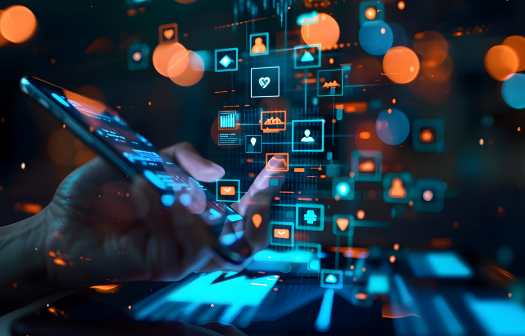 Pessoa utilizando um smartphone com elementos digitais flutuantes, representando presença digital, estratégia online, SEO e conexão entre canais digitais.