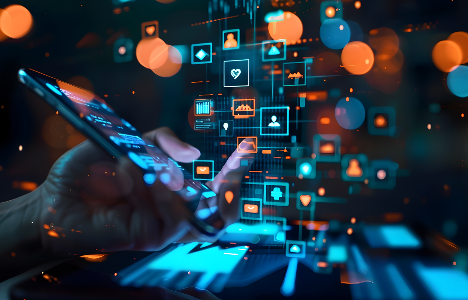 Pessoa utilizando um smartphone com elementos digitais flutuantes, representando presença digital, estratégia online, SEO e conexão entre canais digitais.