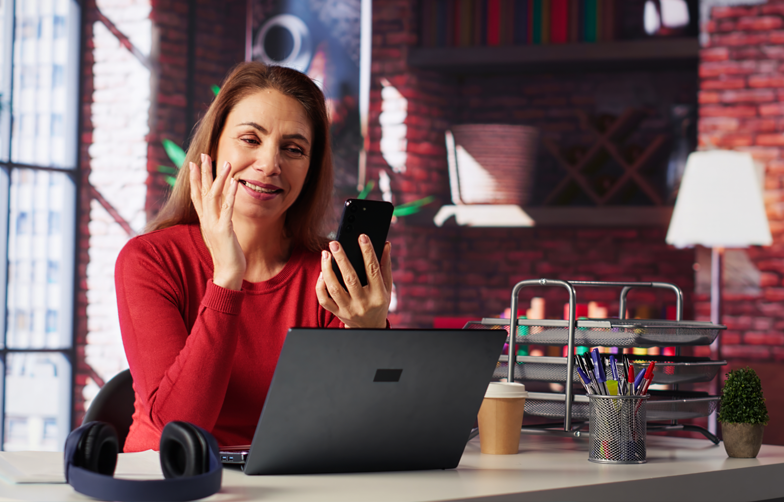 Mulher empreendedora utilizando celular e notebook durante o trabalho, representando o atendimento digital oferecido ao público.