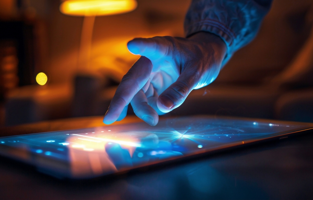 Mão interagindo com uma tela digital iluminada, representando navegação e experiência digital que acontece no ambiente online.