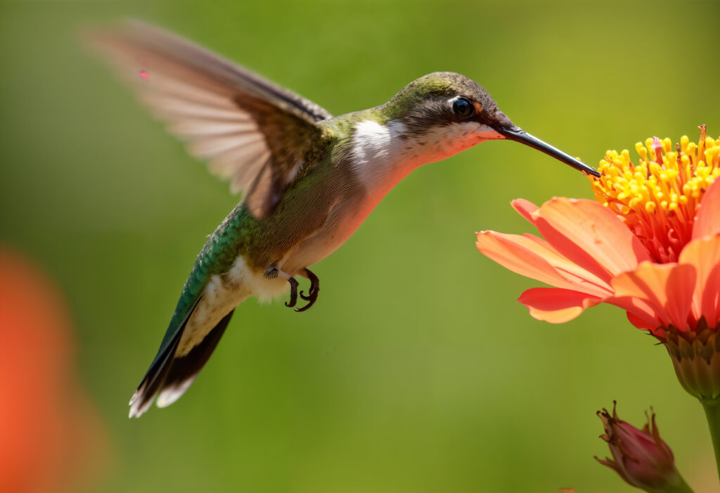 Beija-flor em voo estacionário enquanto se alimenta do néctar de uma flor colorida.