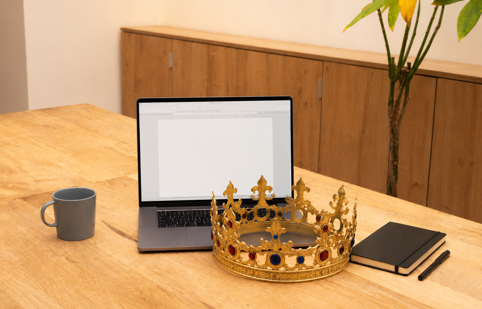 Mesa de trabalho com notebook aberto, caderno, caneca e uma coroa dourada posicionada em destaque à frente do computador, simbolizando autoridade digital e reconhecimento no ambiente online.