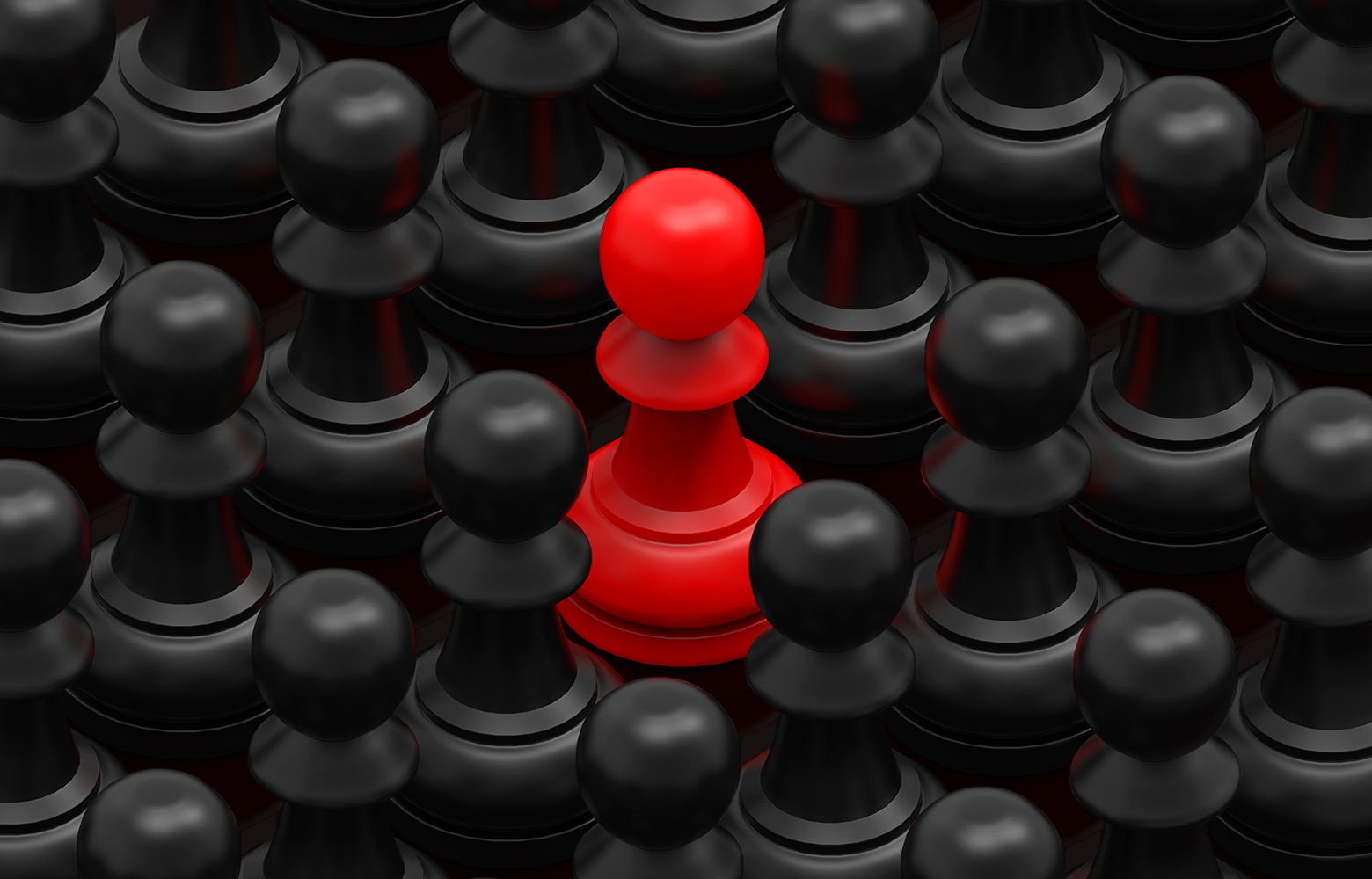 Peão vermelho destacado entre diversos peões pretos dispostos lado a lado. A imagem simboliza diferenciação de marca, evidenciando como empresas podem se destacar da concorrência ao oferecer valor além do preço.