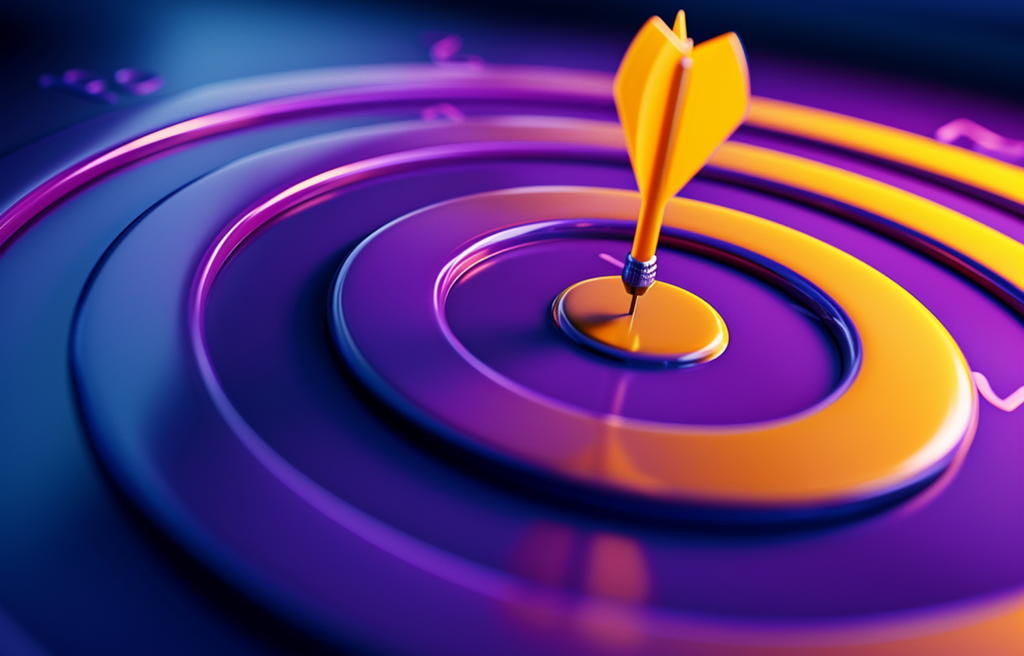 Ilustração digital de um alvo em tons de roxo, azul e laranja, com um dardo cravado exatamente no centro. A composição simboliza precisão, foco estratégico e posicionamento de marca, representando a busca das empresas por diferenciação e destaque no mercado.