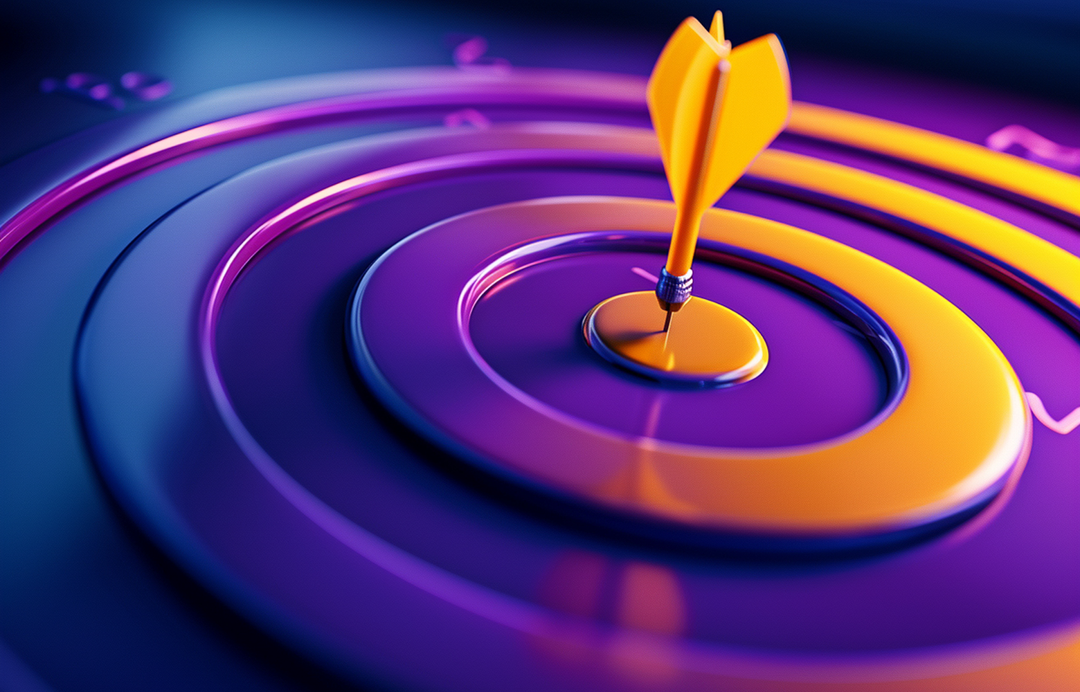 Ilustração digital de um alvo em tons de roxo, azul e laranja, com um dardo cravado exatamente no centro. A composição simboliza precisão, foco estratégico e posicionamento de marca, representando a busca das empresas por diferenciação e destaque no mercado.