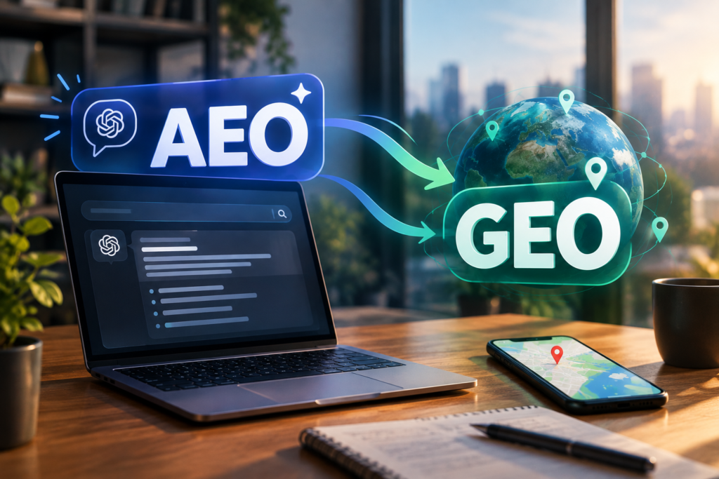 Ilustração sobre AEO e GEO mostrando como inteligência artificial e localização influenciam a visibilidade online.