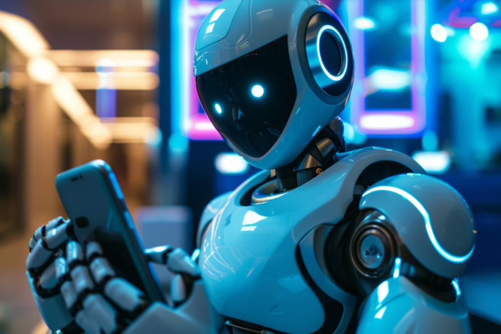 Robô humanoide segurando um smartphone em ambiente tecnológico, representando a compreensão de conteúdos por mecanismos de busca e inteligências artificiais.