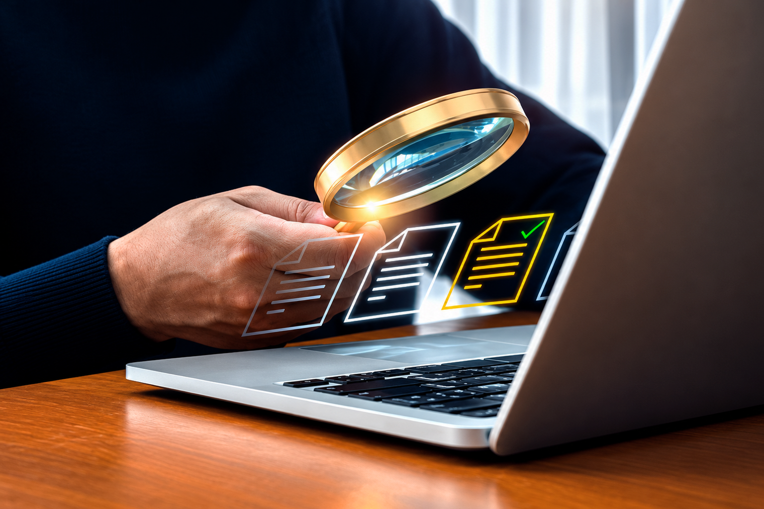 Profissional analisa informações digitais em um notebook com uma lupa, representando a importância da consistência das informações online para a encontrabilidade e o SEO de uma empresa.